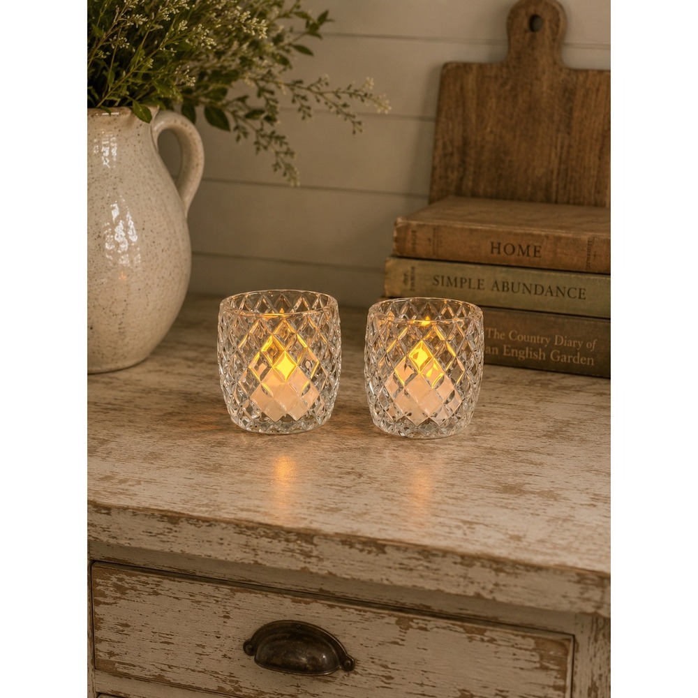 Vintage Homco Diamond Point Glass Votive Tea Light Holders Set of 2 Made in USA